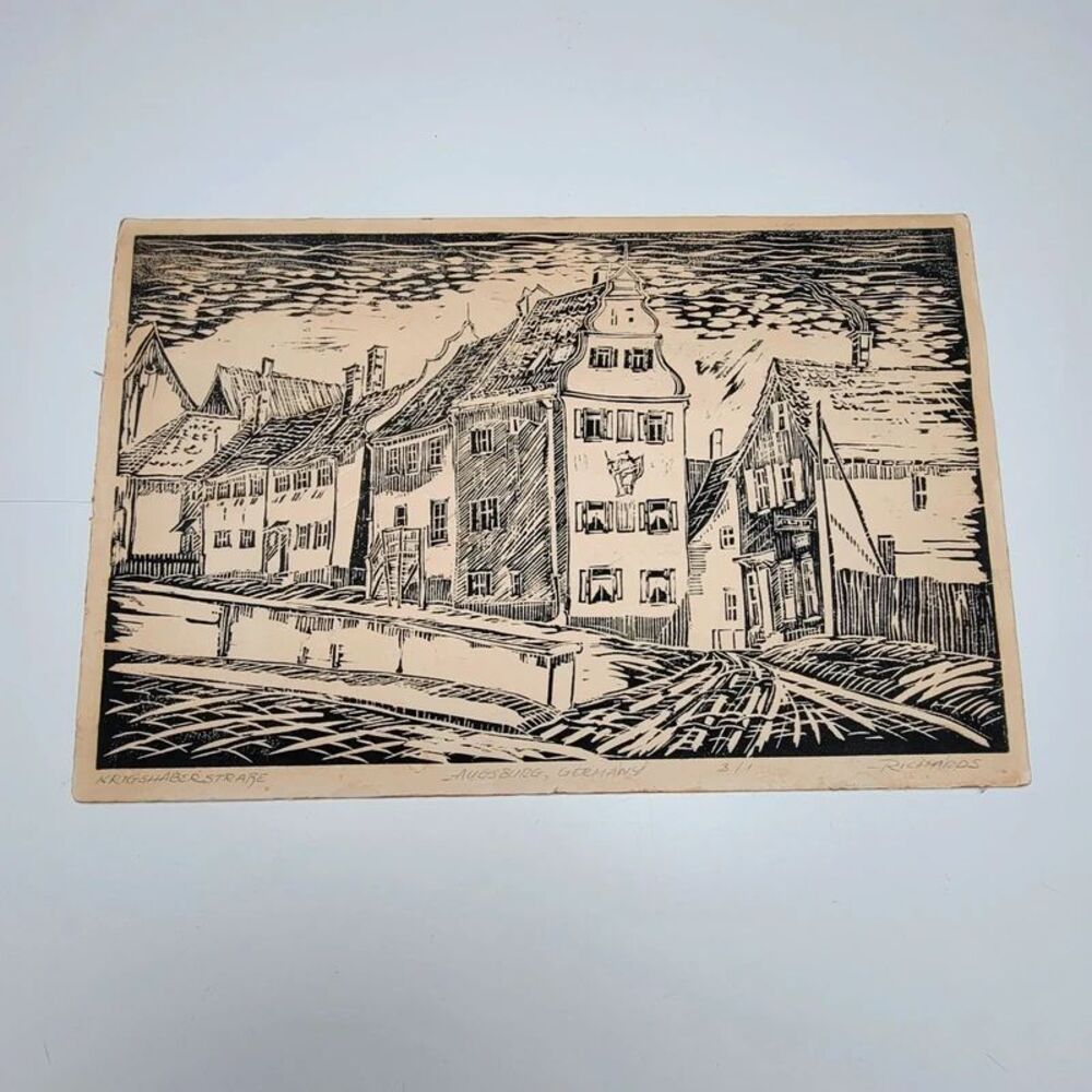 Vintage Woodcut Print Augsburg Germany Kriegshaberstraße Signed Richards Art